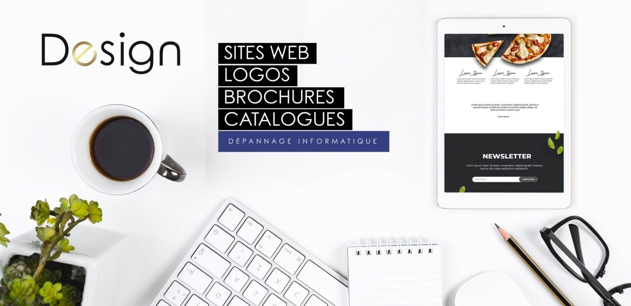 Un bureau vu de dessus avec une tasse de café, un clavier, une tablette, un calepin, un crayon, une paire de lunette et il y a écrit Sites web, logos, flyers, brochures, dépannage informatique
